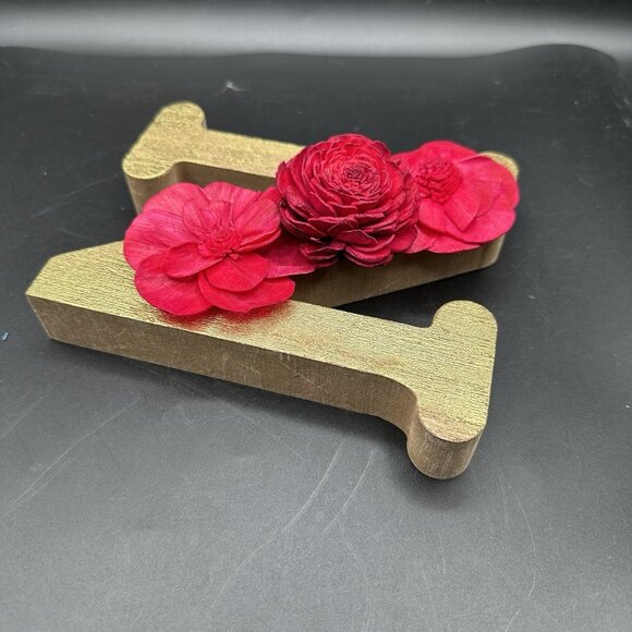 Wooden Initial Letter N Gold Red Sola Wood Flowers 6" Free Standing Monogram - Picture 2 of 10